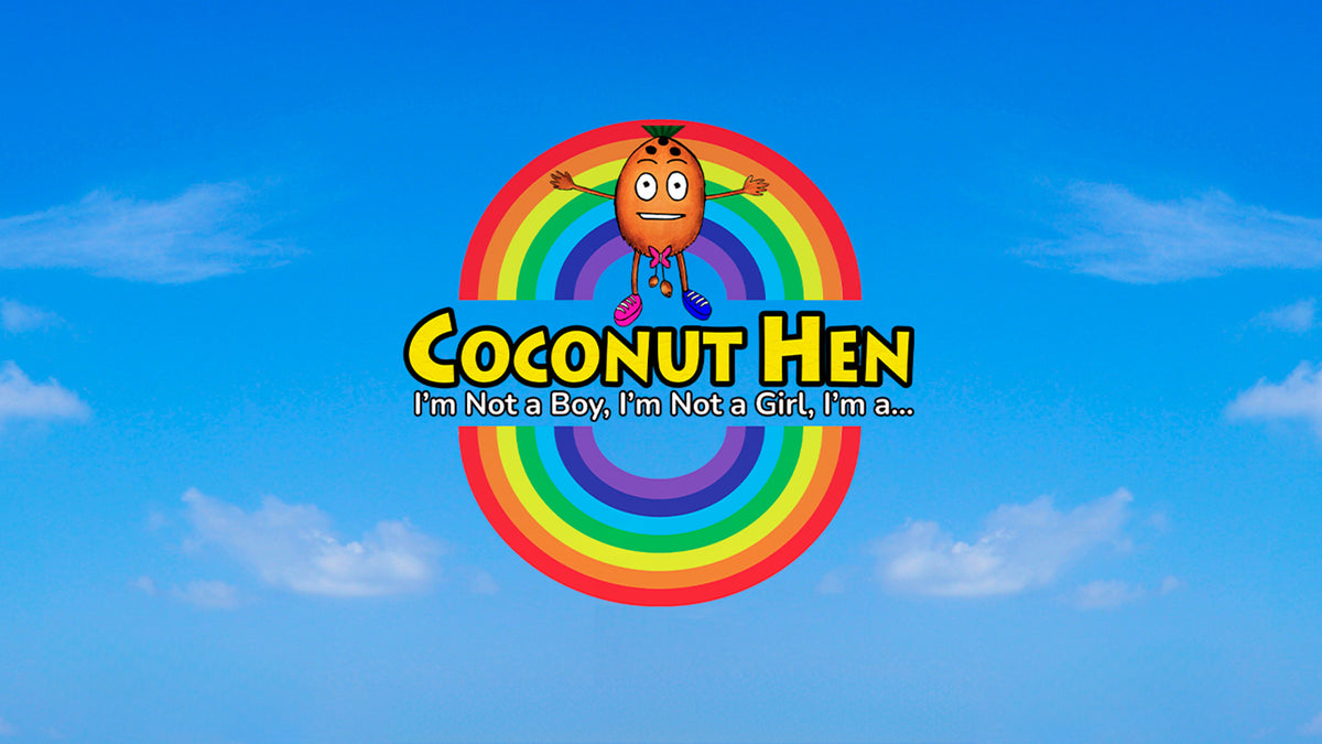 Coconut Hen brand image – colorful character on rainbow background with logo and iconic slogan